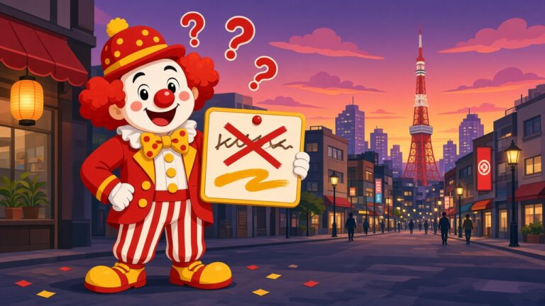 小丑吉祥物在東京街頭拿著改名牌子