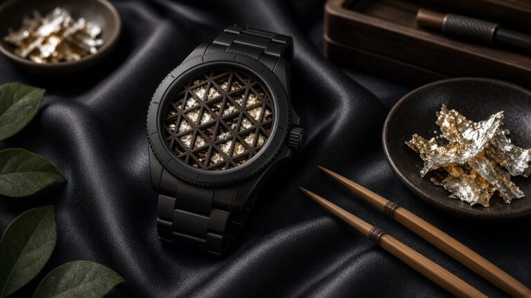 錶盤有木組格紋與白金箔的黑色手錶