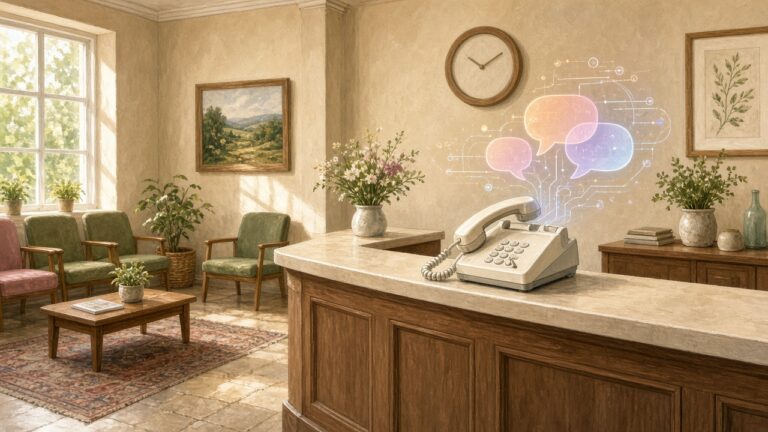 診所櫃台上，一支老式電話旁邊浮現發光的 AI 對話氣泡圖示的插畫
