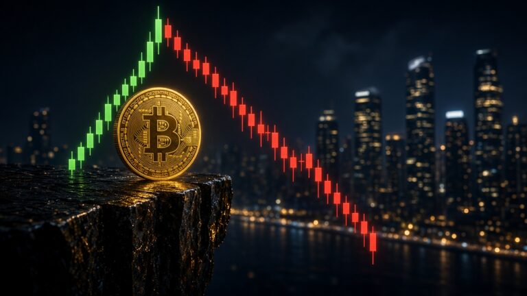 比特幣衝上 8.48 萬又跌回!特斯拉、Meta 財報沒能安撫 AI 疑慮 金色比特幣立在由K線組成的懸崖邊,身後的綠色急漲線轉為紅色下跌,背景是夜色中的科技大樓的插畫