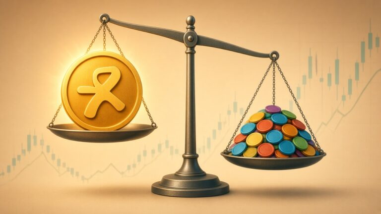 比特幣市占突破 60%!加密市場回檔,以太幣、Solana 跌得更兇 一枚大金幣在天平上壓過一群小硬幣的插畫