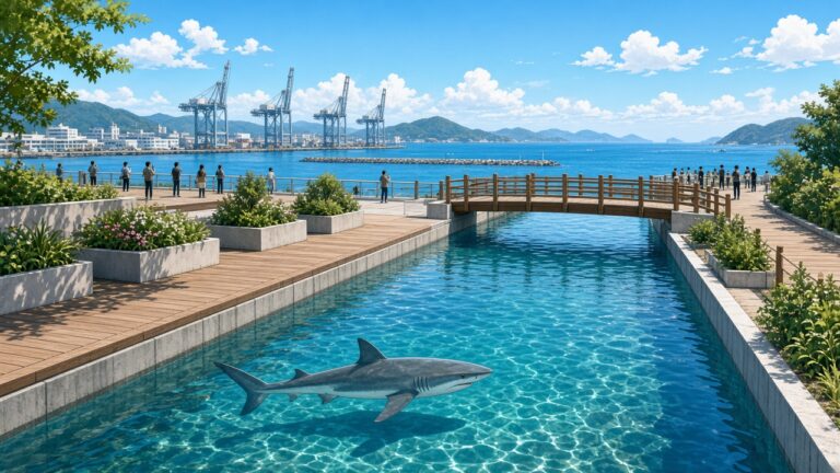 一隻鯊魚在城市水道中悠游、岸邊人群圍觀的插畫