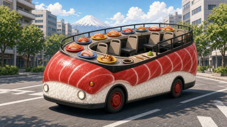 壽司在雙層巴士上轉圈圈!東京「SUSHI BUS」10/10 發車,邊看東京鐵塔邊吃 70 分鐘吃到飽 車身像巨大鮪魚壽司的雙層巴士,二樓輸送帶上轉著壽司的插畫