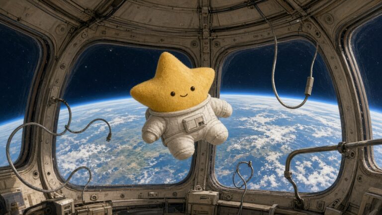 皮卡丘真的上太空了!歐洲太空總署公開「太空人皮卡丘」導覽國際太空站影片 一隻黃色星星造型的絨毛玩偶穿著太空衣,飄在太空站觀景窗前、窗外是藍色地球的插畫