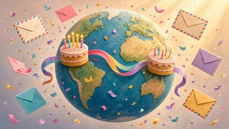 世界最長壽的兩位男性同一天生日!巴西 114 歲、澳洲 113 歲人瑞隔著半個地球互送祝福 地球兩端各有一個插著蠟燭的生日蛋糕,中間有信封和彩帶串連的插畫