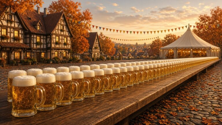 54 公尺長、432 杯啤酒一起扛!德國小村慶祝廟會 100 週年,打造「世界最長啤酒尺」,喝完把木板鋸開當紀念品 秋日德國村莊廣場上,一整排擺滿啤酒杯的超長木板的插畫
