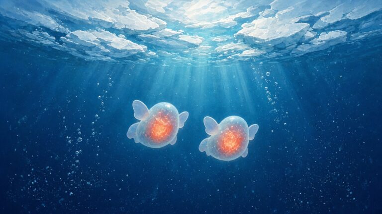 流冰下的深藍海水中，兩隻半透明橘紅色小生物並肩漂浮的插畫