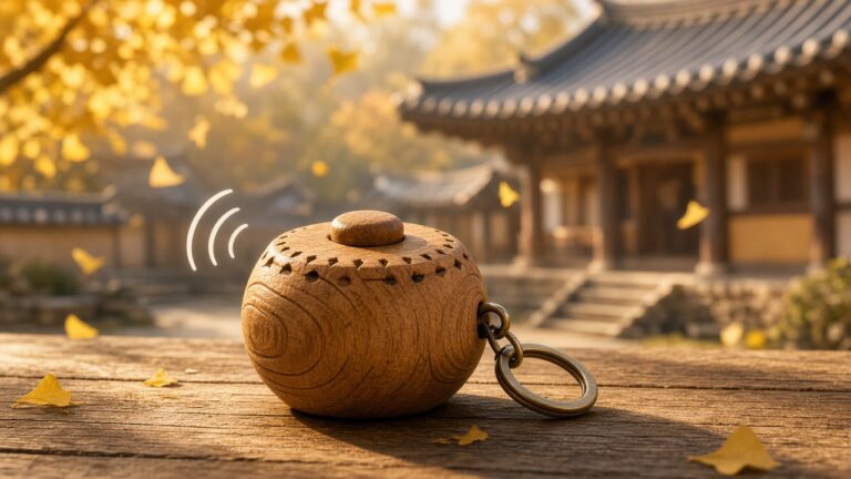 寺院木桌上一個小小的木魚造型按鍵吊飾，背景是傳統屋簷與銀杏葉的插畫