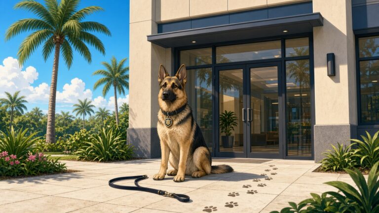 一隻德國牧羊犬坐在警察局玻璃門前，抬頭等人開門的插畫