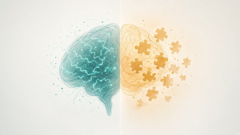象徵大腦與注意力的抽象插畫，一端是活潑跳動的線條，另一端是逐漸淡出的記憶碎片