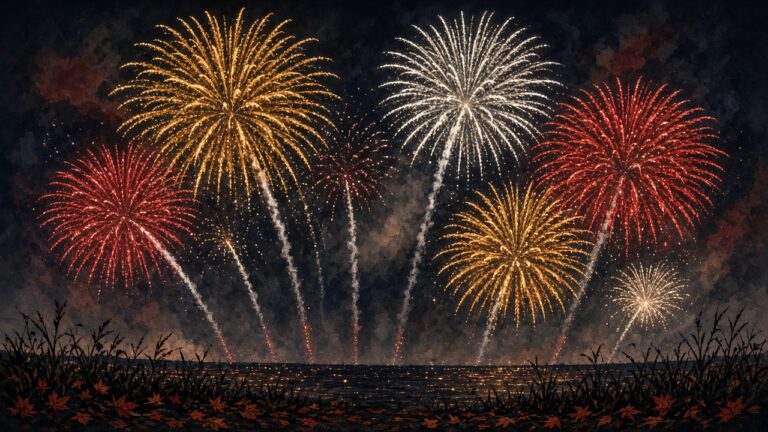 3 分鐘連發約 500 顆「尺玉」!日本埼玉「鴻巢煙火大會」挑戰金氏世界紀錄成功,還有直徑 120 公分的四尺玉 秋夜河岸上空接連綻放的大型金色與紅色煙火插畫