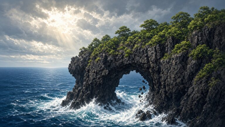 夏威夷大島知名景點消失了!火山國家公園 27 公尺高「霍萊海蝕拱」崩落大海,官方警告遊客別再闖封鎖區 夏威夷黑色熔岩海岸懸崖邊,巨浪拍打著一座天然岩石拱門的插畫