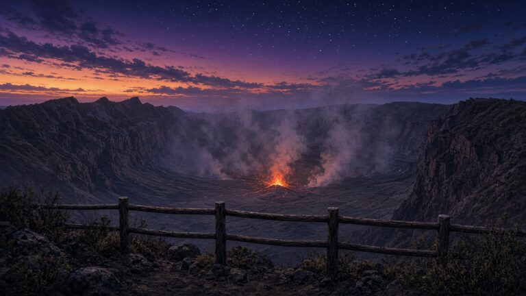 夜晚的火山口中透出橘紅色光芒，蒸氣緩緩升起，前方是安全觀景台欄杆的插畫