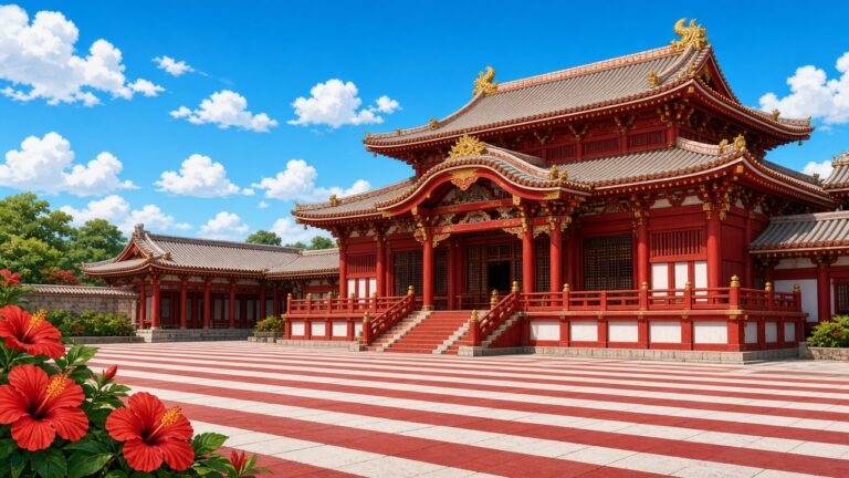 火災後 7 年,沖繩首里城正殿 11/23 重新開放!入內參觀改成預約制,宮大工、漆工、龍雕陸續完工 藍天下朱紅色琉球王宮建築的正面,屋頂上有龍形裝飾的插畫