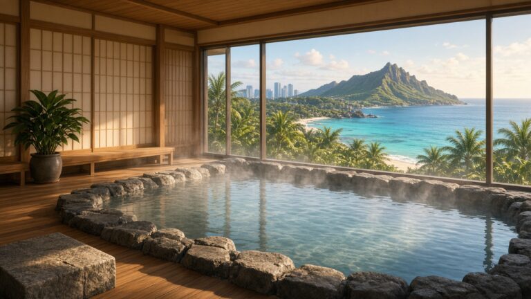威基基終於有日式大浴場了!夏威夷首家 Hilton Club「Ka Haku」開幕,32 層樓、205 間套房 熱帶海濱高樓旁的日式木造大浴場,窗外可見椰子樹與遠方海景的插畫