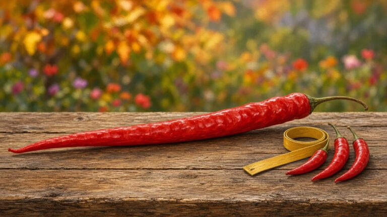 一根超長的紅色辣椒橫放在木桌上、旁邊放著捲尺的插畫