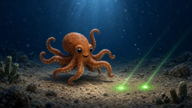 一隻橘色小章魚在深海海床上興奮地追著兩個綠色光點的插畫