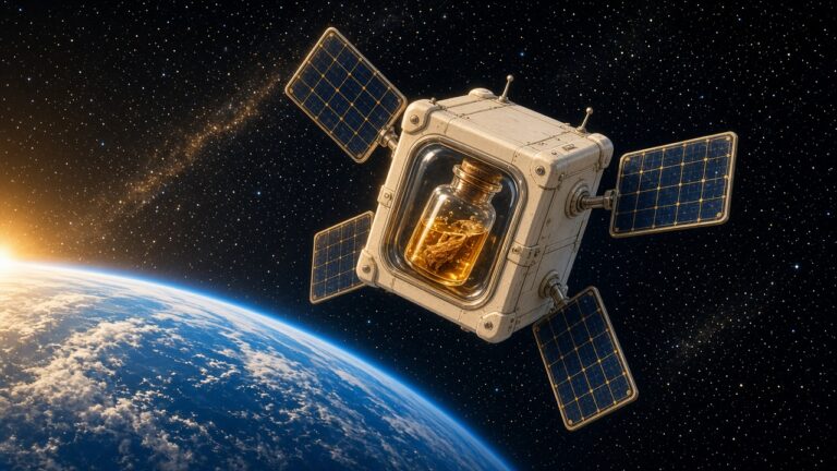 一顆小型立方衛星載著琥珀色威士忌小瓶和一片橡木在地球上空飛行的插畫