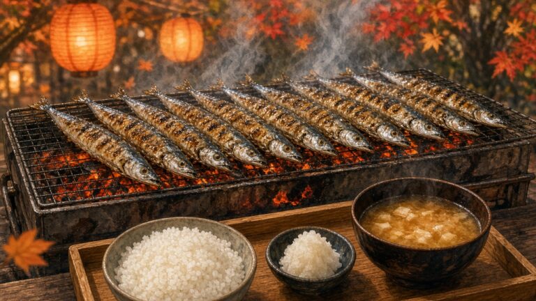 炭火烤架上一排排烤得金黃的秋刀魚、旁邊放著白飯和味噌湯的插畫