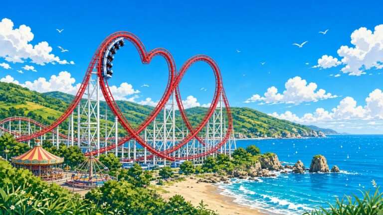 全世界第一座「雙愛心」雲霄飛車!釜山樂天世界新設施開幕,3 次急發進衝到時速 110 公里 兩個紅色愛心形狀的雲霄飛車軌道矗立在海邊遊樂園藍天下的插畫