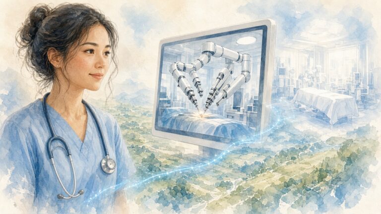 醫生在 30 公里外遠端支援機器人手術!日本弘前大學完成國內首例「遠距手術」臨床研究,已安全做了 5 例 一位年輕女醫師面帶微笑看著螢幕,螢幕上連線顯示遠方的手術機器人手臂的溫暖插畫
