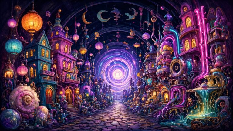 霓虹燈光照亮的奇幻室內街道，兩旁是歪斜可愛的彩色小屋和發光的傳送門的插畫