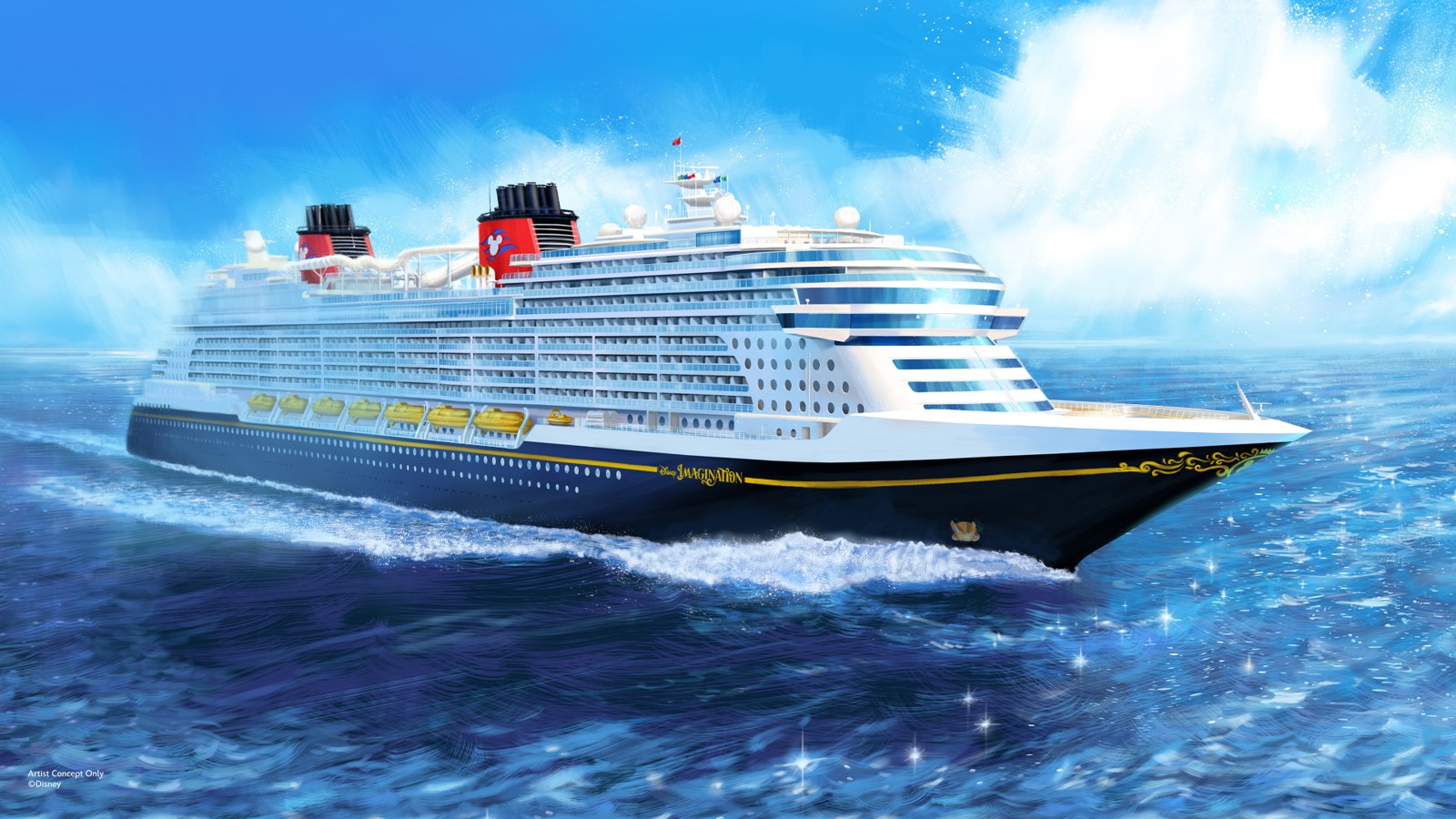 迪士尼郵輪 Disney Imagination 的概念圖,深藍色船身航行在海面上