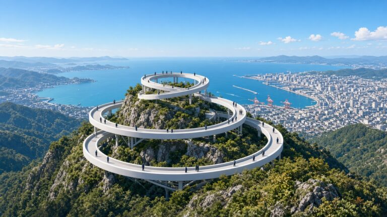 山頂上一座層層盤旋的白色環形天空步道，俯瞰遠方海灣與港口城市的插畫