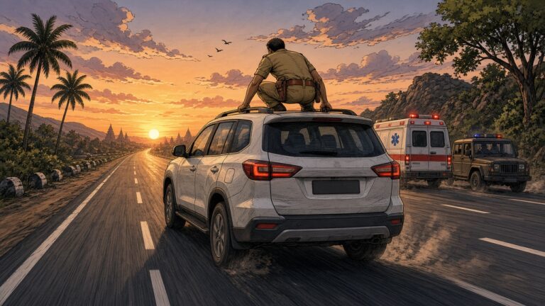清晨的高速公路上，一輛白色休旅車疾駛，車頂上一名穿卡其色制服的警察緊抓車頂架，後方有救護車跟隨的插畫