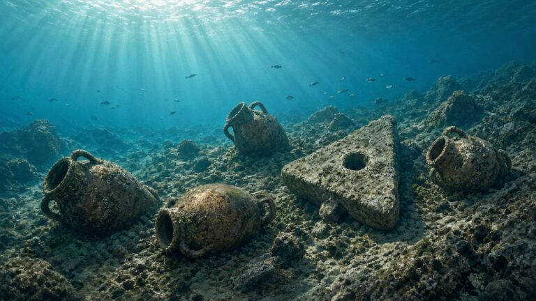 比金字塔還古老的沉船!土耳其外海發現 4,400~4,700 年前商船,30 多個陶罐裡還留著殘渣 清澈藍綠色海底的岩石斜坡上,散落著幾個古老的雙耳陶罐和一顆石錨,陽光從海面灑下的插畫