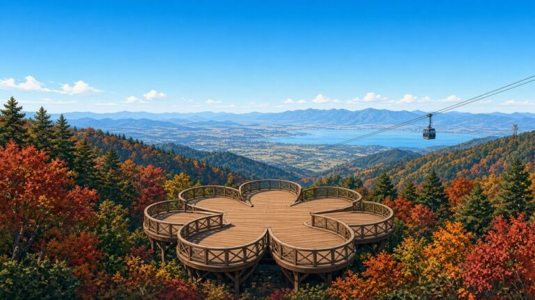 在海拔約 1,200 公尺的山頂開一朵「花」!日本三重御在所岳新展望台「FURURU」,好天氣連琵琶湖都看得到 秋天紅葉的山頂上,一座五片花瓣造型的木棧展望台,遠方是平原和湖泊的插畫