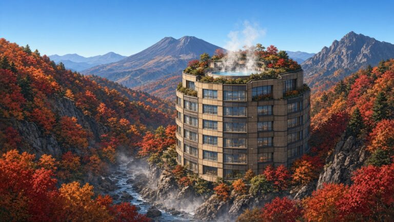14 角形的溫泉塔!星野集團「界 藏王」山形開幕,泡湯分 0%、50%、100% 三種濃度 秋天紅葉山谷裡,一棟多角形的現代溫泉旅館高塔,頂樓有冒著熱氣的露天浴池的插畫