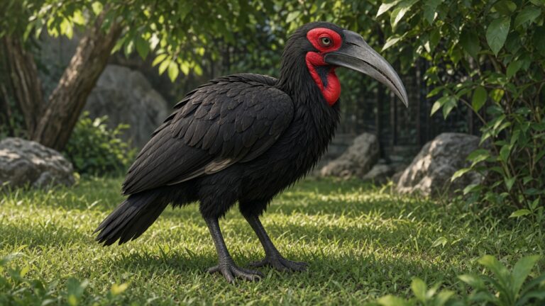 斷掉的嘴喙「印」回來了!荷蘭動物園地犀鳥裝上 3D 列印上下喙,全球首例 一隻黑羽紅臉的大型地犀鳥站在草地上,嘴喙前端呈現光滑的灰色義肢質感的插畫