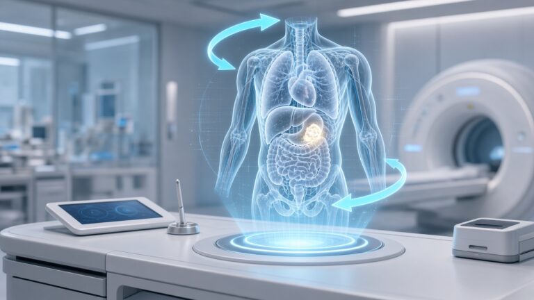 把腫瘤變成可以轉來轉去的 3D 模型!加拿大醫院用 AI 做病人的「數位分身」,開刀前先讓病人看清楚 醫師和電腦螢幕上懸浮的半透明 3D 人體器官模型,模型中有一個發光的小腫塊的插畫