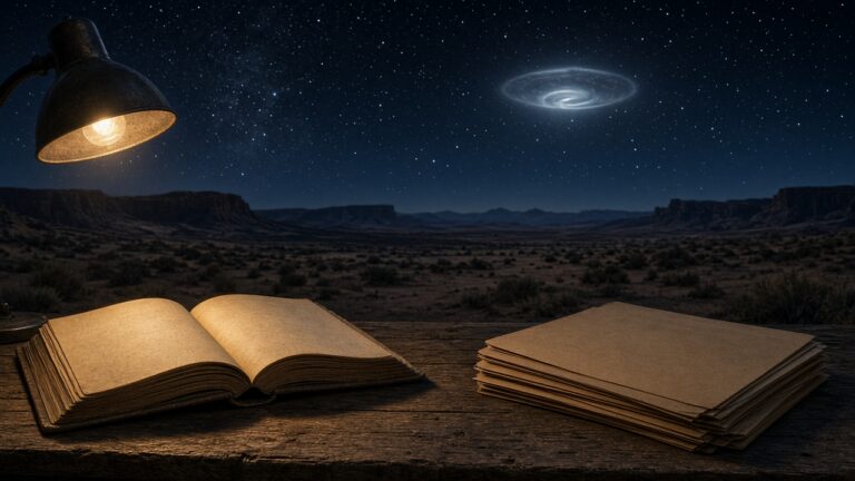 夜晚沙漠上空，一個發著微光的模糊飛行物，地面上有一本攤開的舊書和檔案夾的插畫