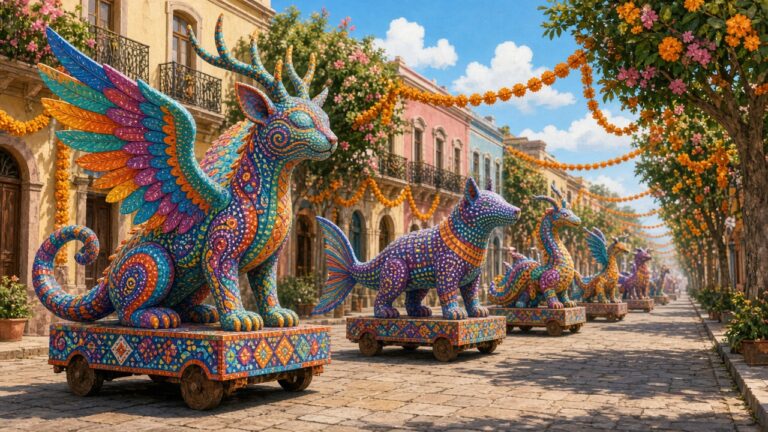 約 300 隻奇幻神獸大遊行!墨西哥城「巨型 Alebrije 遊行」登場,揭開亡靈節序幕 殖民風格建築的大街上,幾隻色彩繽紛、混合多種動物特徵的巨型紙雕奇幻生物在遊行的插畫