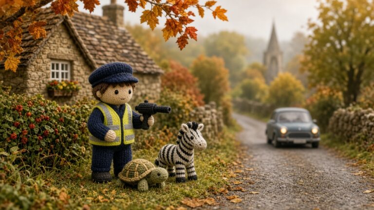 毛線織的「交通警察」拿測速槍!英國小村織假測速照相嚇阻飆車,上崗 2 天就被偷走 英國鄉村路邊,一個毛線織的交通警察人偶拿著毛線測速槍,旁邊有毛線烏龜和斑馬的插畫