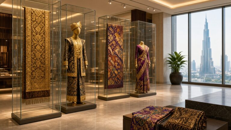 明亮的博物館展廳裡，展示著色彩繽紛的馬來傳統織錦和服飾的插畫