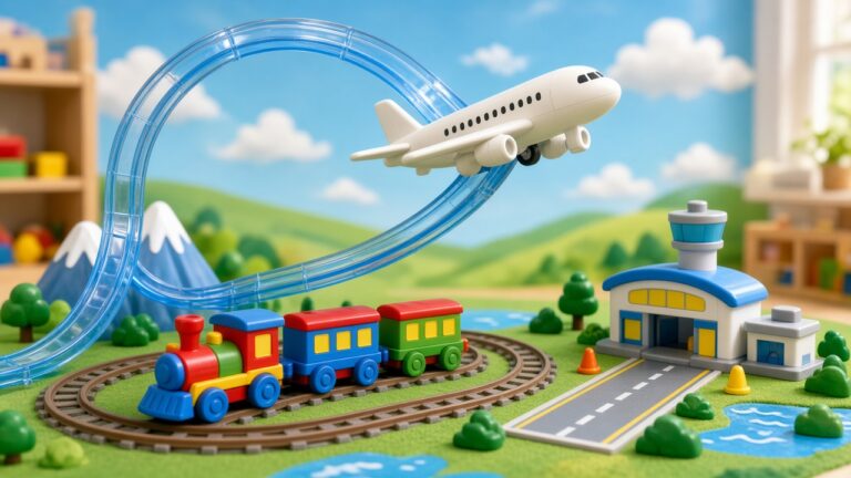 火車玩具裡飛出飛機!日本「プラレール」65 年來第一次讓飛機上軌道,轉彎會傾斜、起降會收輪子 藍色透明軌道在天空中盤旋,一架白色玩具飛機傾斜轉彎、下方有玩具火車的插畫