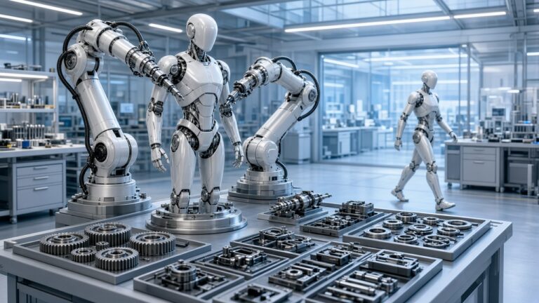 一天就能組好一台人形機器人!波士頓動力首度公開 Atlas 組裝工廠,目標 2027 年縮短到 1 小時 明亮工廠裡,機械手臂正在組裝一台銀白色人形機器人的插畫
