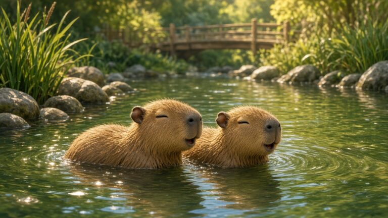 睽違近 10 年!舊金山動物園迎來兩隻水豚寶寶,一放進展區就直奔水池游泳 兩隻水豚寶寶在動物園的水池裡游泳,岸邊有綠草和石頭的插畫