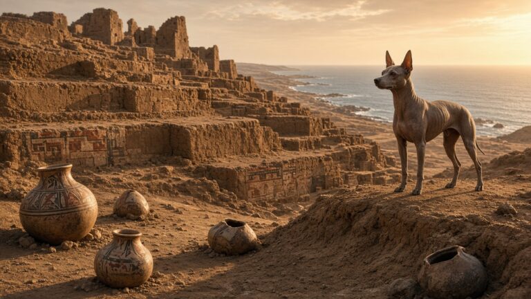 秘魯沙漠中的古老土磚遺址，前方一隻身形修長的無毛犬站在夕陽下的插畫