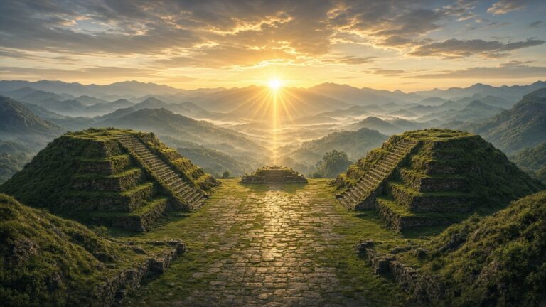 2,500 年前就會看太陽定曆法!墨西哥普埃布拉確認古代太陽觀測台,是馬雅地區以外第一座 山谷中兩座長滿青草的古代金字塔台基,太陽從遠方山脊升起的插畫