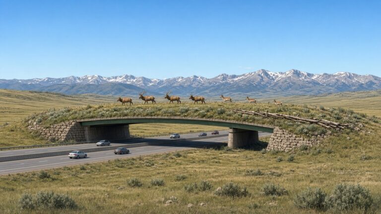 北美最大的動物天橋!美國科羅拉多高速公路「動物撞車」少了 91%,叉角羚幾十年來第一次走到對面 寬闊的草地天橋橫跨高速公路,麋鹿和叉角羚從橋上走過的插畫