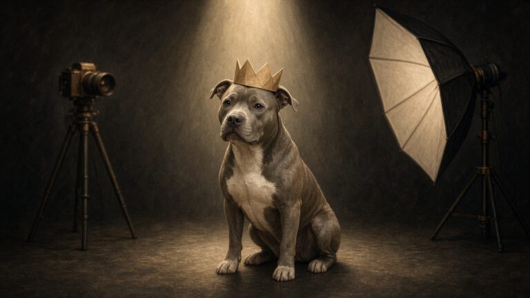 黑色背景前，一隻戴著紙皇冠的比特犬端坐在攝影棚燈光下的插畫