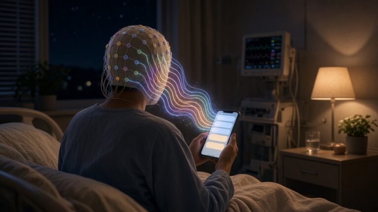 可以跟自己的腦波「聊天」!美國賓州大學讓癲癇病人用手機 AI 問腦部監測儀,病人回報後誤報少了約 8 成 病床上的人拿著手機,螢幕上的對話泡泡和發光的腦波曲線連到頭上的腦電圖電極的插畫