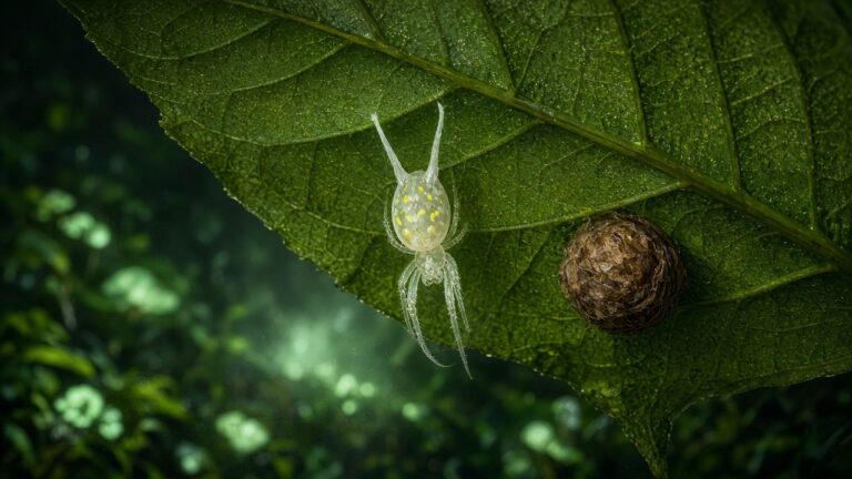 蜘蛛假扮「殭屍真菌」屍體!厄瓜多亞馬遜發現新種,一碰才動 雨林夜晚的葉片下,一隻淡色小蜘蛛倒掛不動,腹部伸出兩根細長白色突起,像被真菌感染的插畫