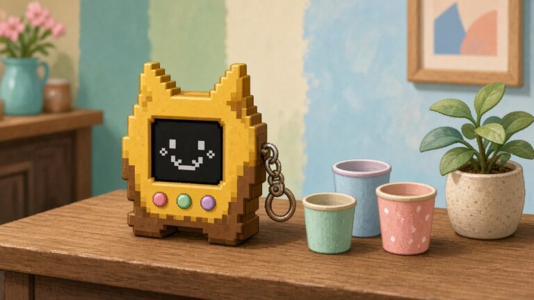 Labubu 變成掌上遊戲機!泡泡瑪特推出 49.99 美元「Shake A Drink」,能開咖啡店、拍照貼貼紙 咖啡店櫃台上,一台黃褐色、有兩隻尖耳朵的像素風小型掌上遊戲機,旁邊擺著幾個迷你紙杯的插畫