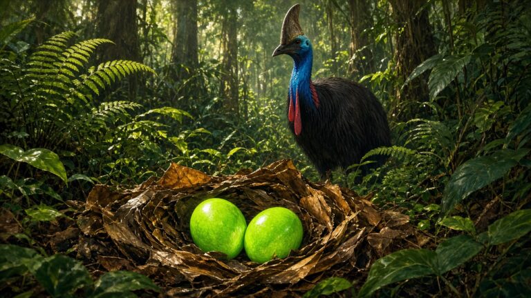 螢光綠的蛋!澳洲阿德雷德動物園食火雞,34 年來第一次下蛋 茂密雨林的落葉堆上,兩顆螢光綠色的大蛋,後方有一隻藍色頸部的食火雞輪廓的插畫