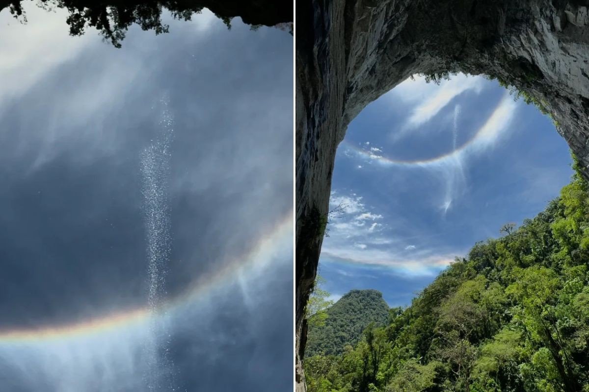 巴西伊波蘭加「石屋洞」洞口，水從岩頂落下，天空出現日暈